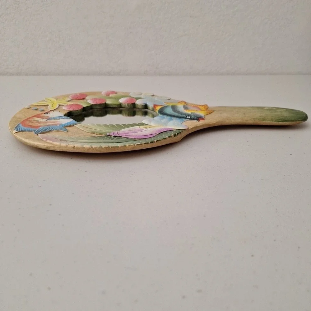 Vtg Tropical Fish Underwater Solid Wood Carved Handheld Mirror INDONESIA 14
